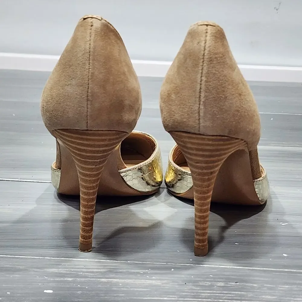 Banana Republic Alicia D'Orsay Heels Pumps Gold Tan Suede Size‎ 7 M Stacked Heel